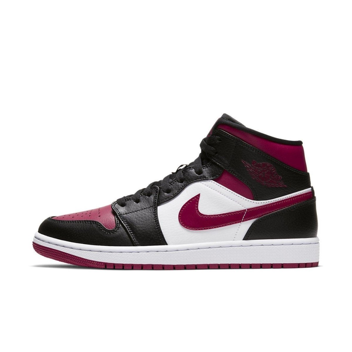 Air Jordan 1 Mid Bred Toe sneaker featuring leather upper, Noble Red accents, and iconic Jumpman logo.