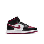 Air Jordan 1 Mid Bred Toe GS in black, white, and noble red, featuring leather upper and classic silhouette.