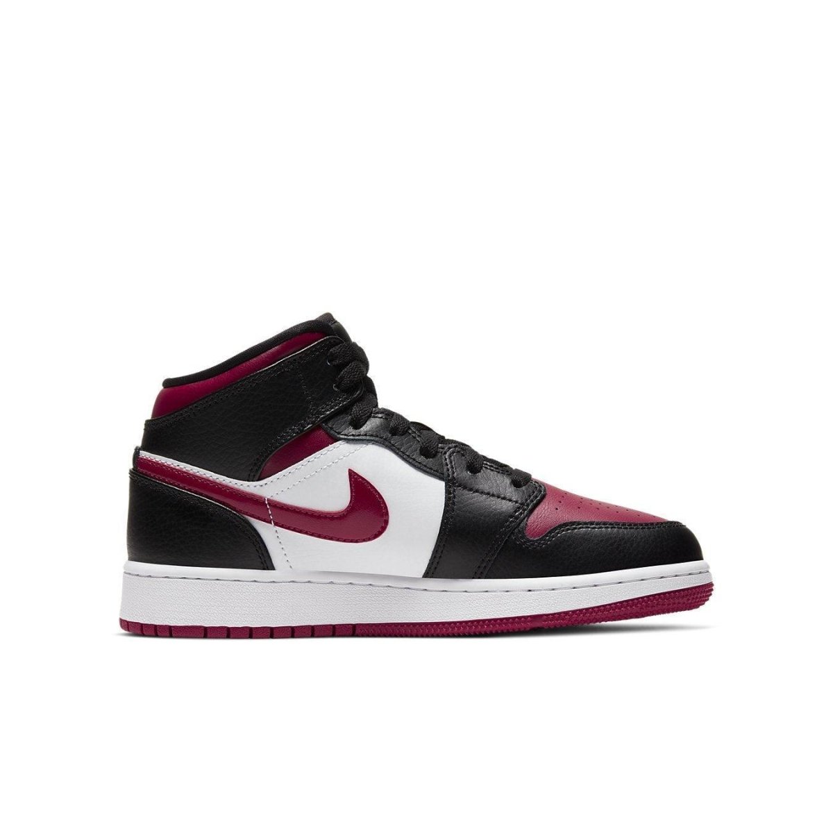 Air Jordan 1 Mid Bred Toe GS in black, white, and noble red, featuring leather upper and classic silhouette.