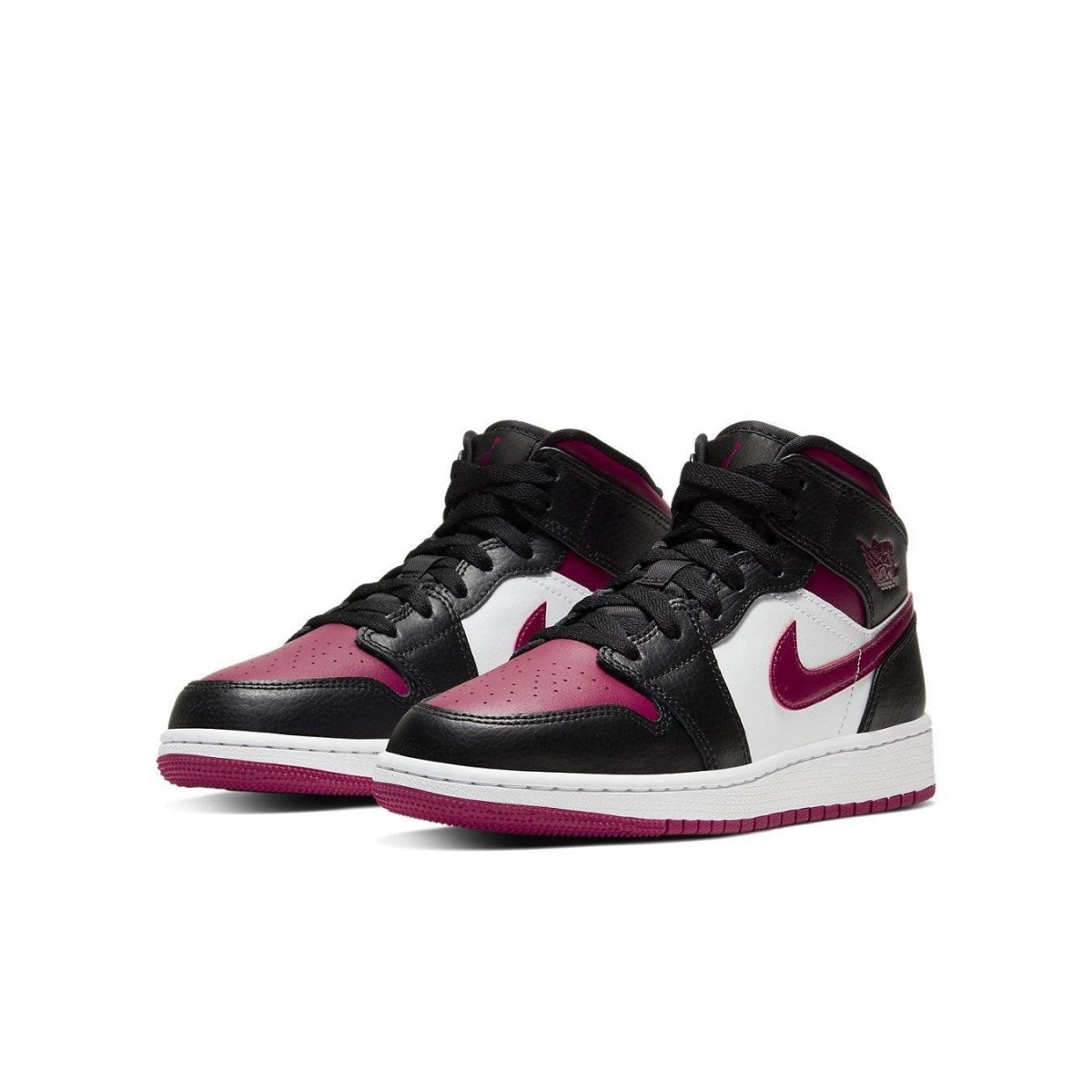 Jordan 1 Mid Bred Toe (GS) with black, white, and Noble Red leather design featuring iconic Swoosh.