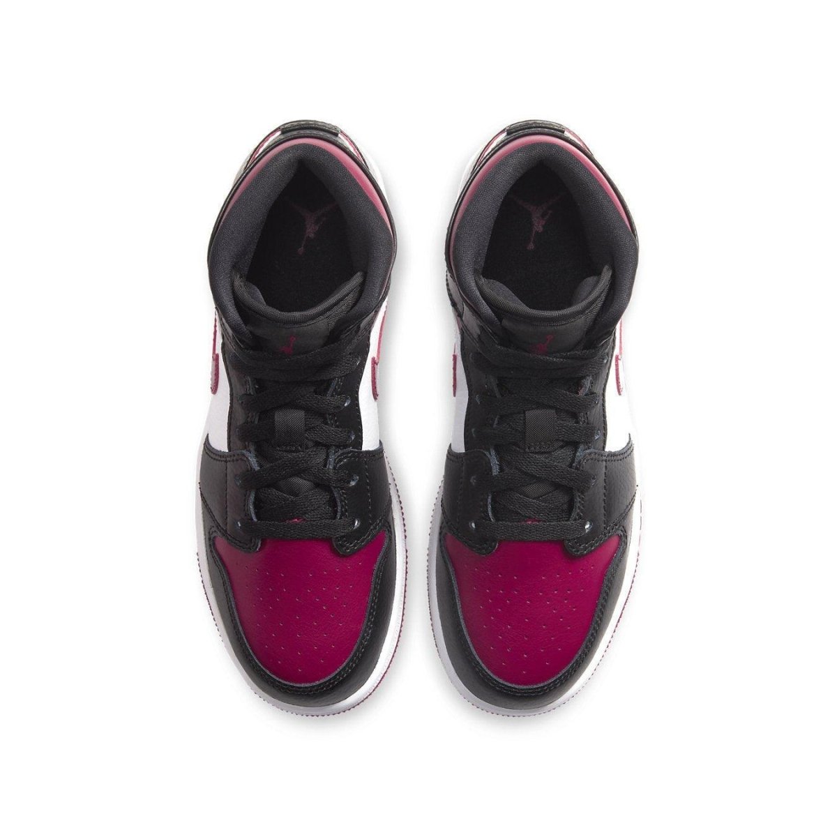 Air Jordan 1 Mid Bred Toe GS sneaker with black and Noble Red upper, white leather panel, and signature Jumpman logo.