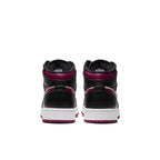 Back view of Air Jordan 1 Mid Bred Toe GS with black leather, Noble Red accents and white midsole.