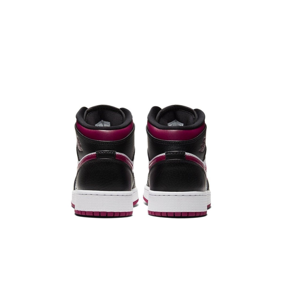 Back view of Air Jordan 1 Mid Bred Toe GS with black leather, Noble Red accents and white midsole.