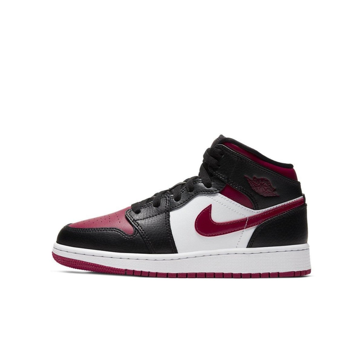 Jordan 1 Mid Bred Toe sneakers in Noble Red and black leather with white accents, side view.