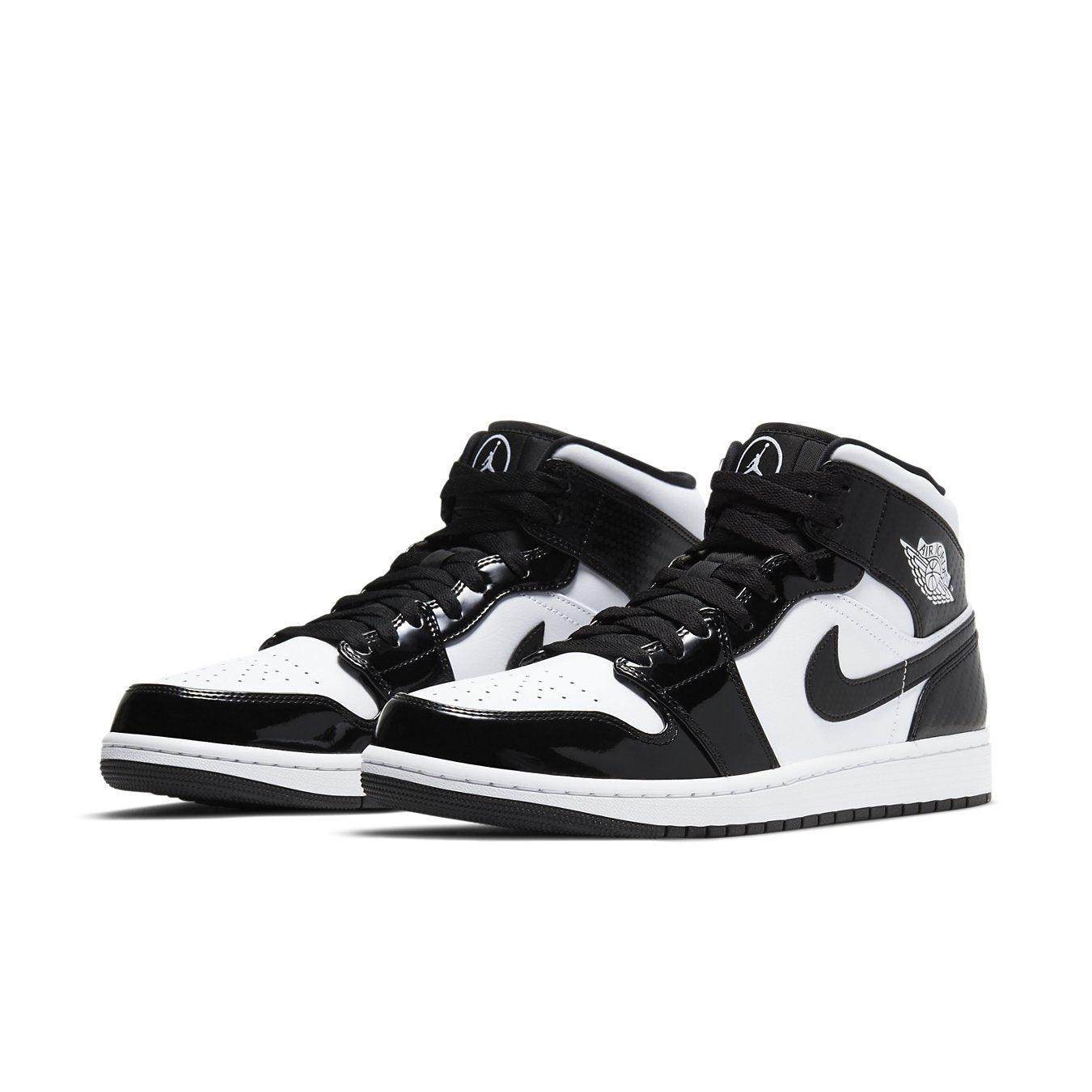Jordan 1 Mid Carbon Fiber All-Star 2021 in white and black patent leather design.