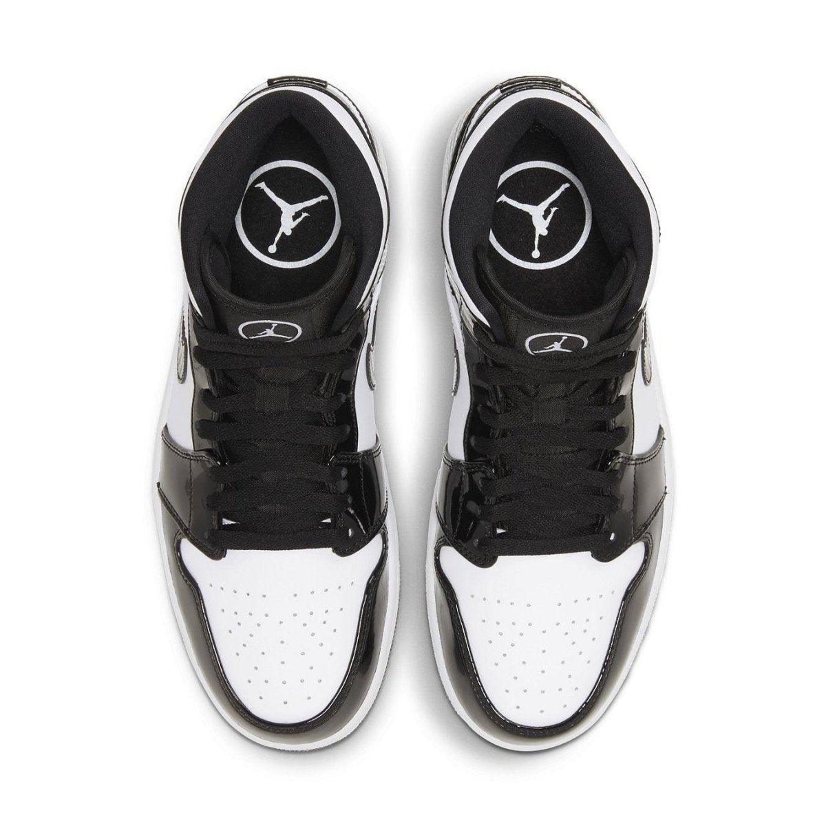 Air Jordan 1 Mid Carbon Fiber All-Star 2021 sneakers in black and white, top view showcasing iconic design.