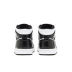 Rear view of Jordan 1 Mid Carbon Fiber All-Star (2021) featuring black patent leather and white accents.