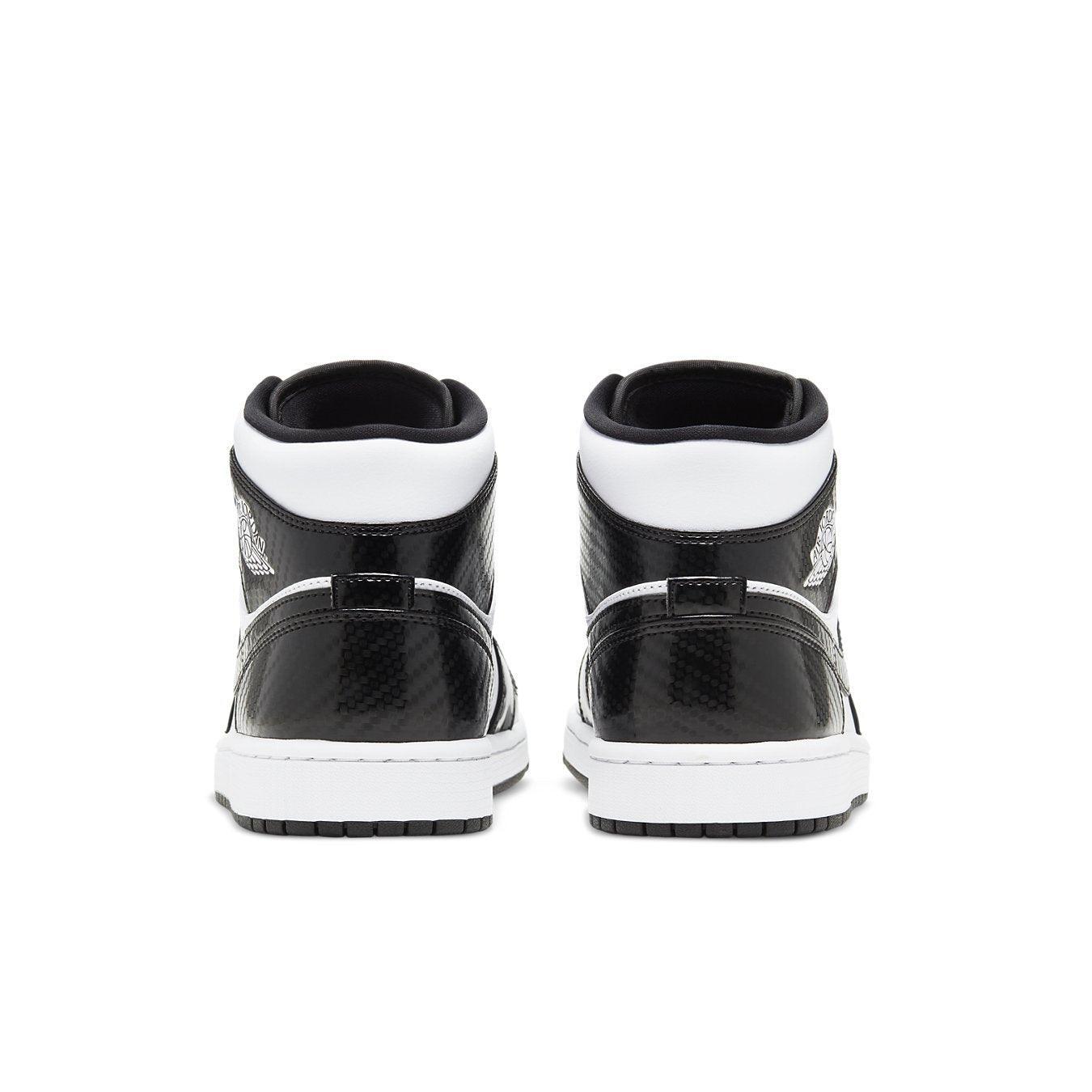 Rear view of Jordan 1 Mid Carbon Fiber All-Star (2021) featuring black patent leather and white accents.