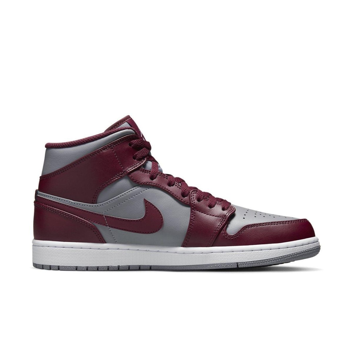 Jordan 1 Mid Cherrywood Red sneakers featuring burgundy and grey leather upper with white details on logo and outsole.