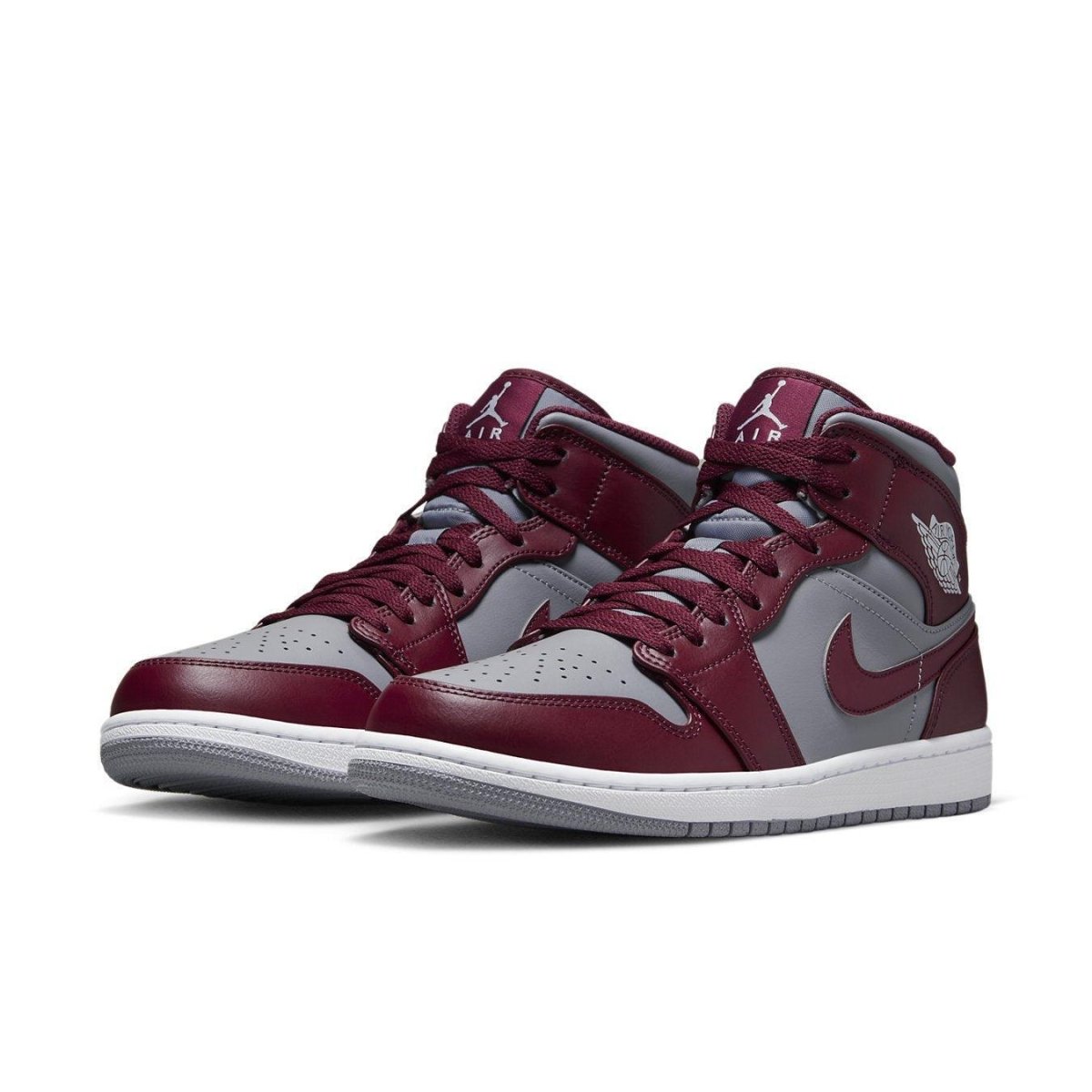 Air Jordan 1 Mid Cherrywood Red featuring a bordeaux and grey upper with white logo accents and sole.