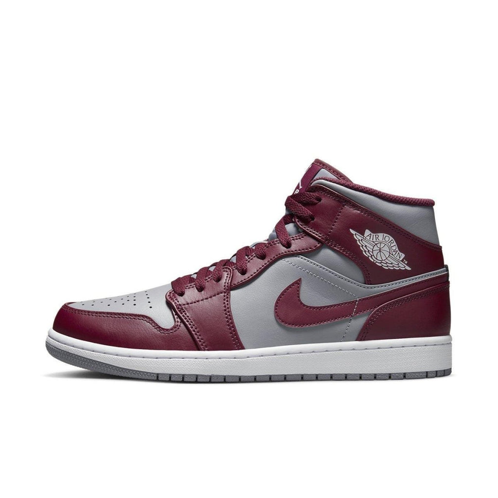 Air Jordan 1 Mid Cherrywood Red sneaker in burgundy and grey with white detailing.