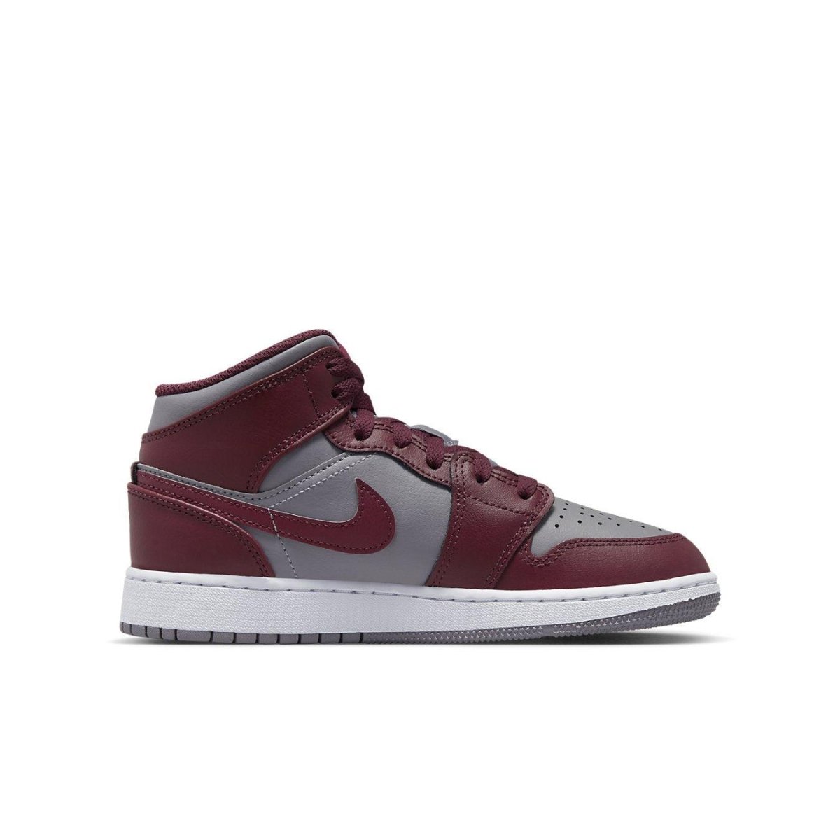 Jordan 1 Mid Cherrywood Red (GS) sneakers showcasing a stylish maroon and grey color scheme.