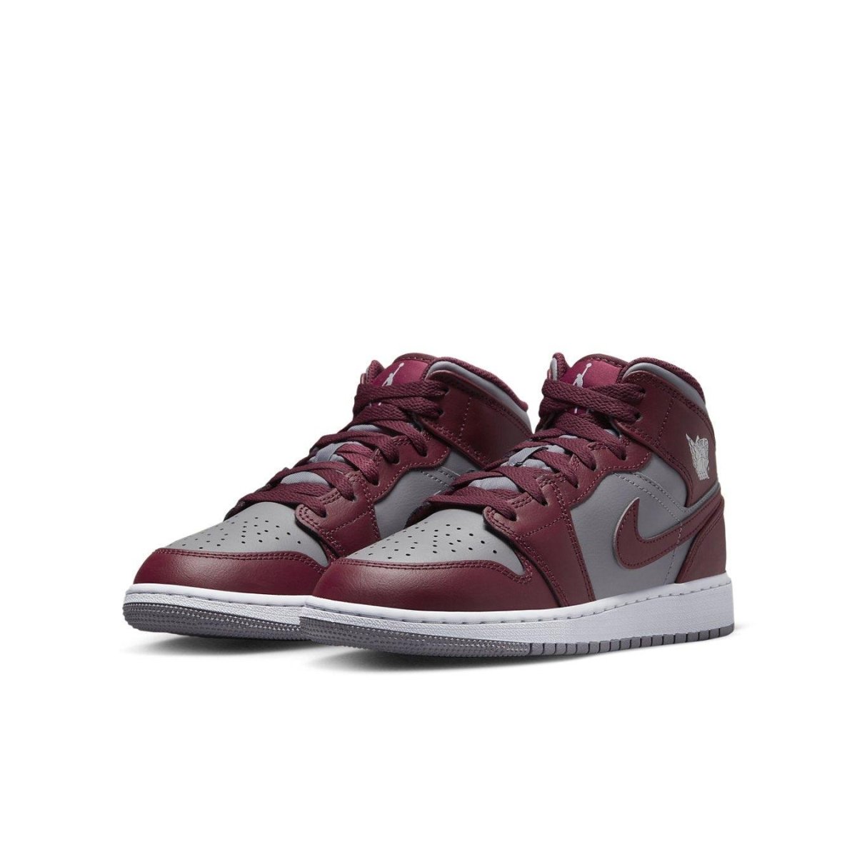 Jordan 1 Mid Cherrywood Red sneakers featuring a maroon and gray design, stylish footwear for casual wear.