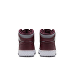 Back view of Jordan 1 Mid Cherrywood Red sneakers showcasing burgundy and grey design.