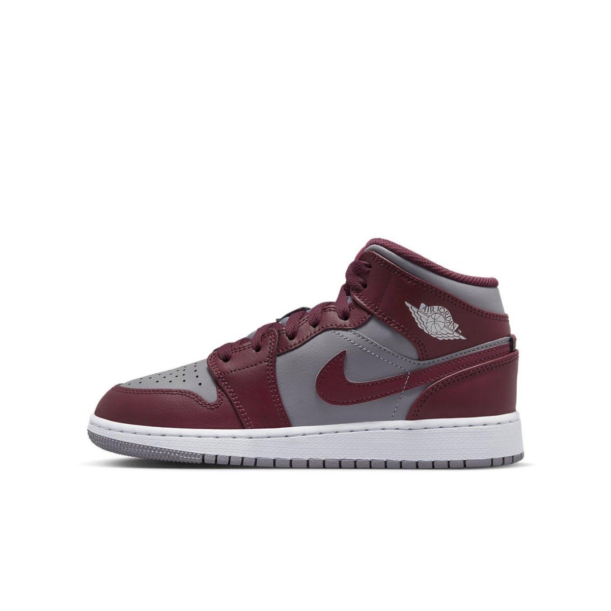 Nike Air Jordan 1 Mid Cherrywood Red sneakers showcasing a stylish design with multicolor textures.