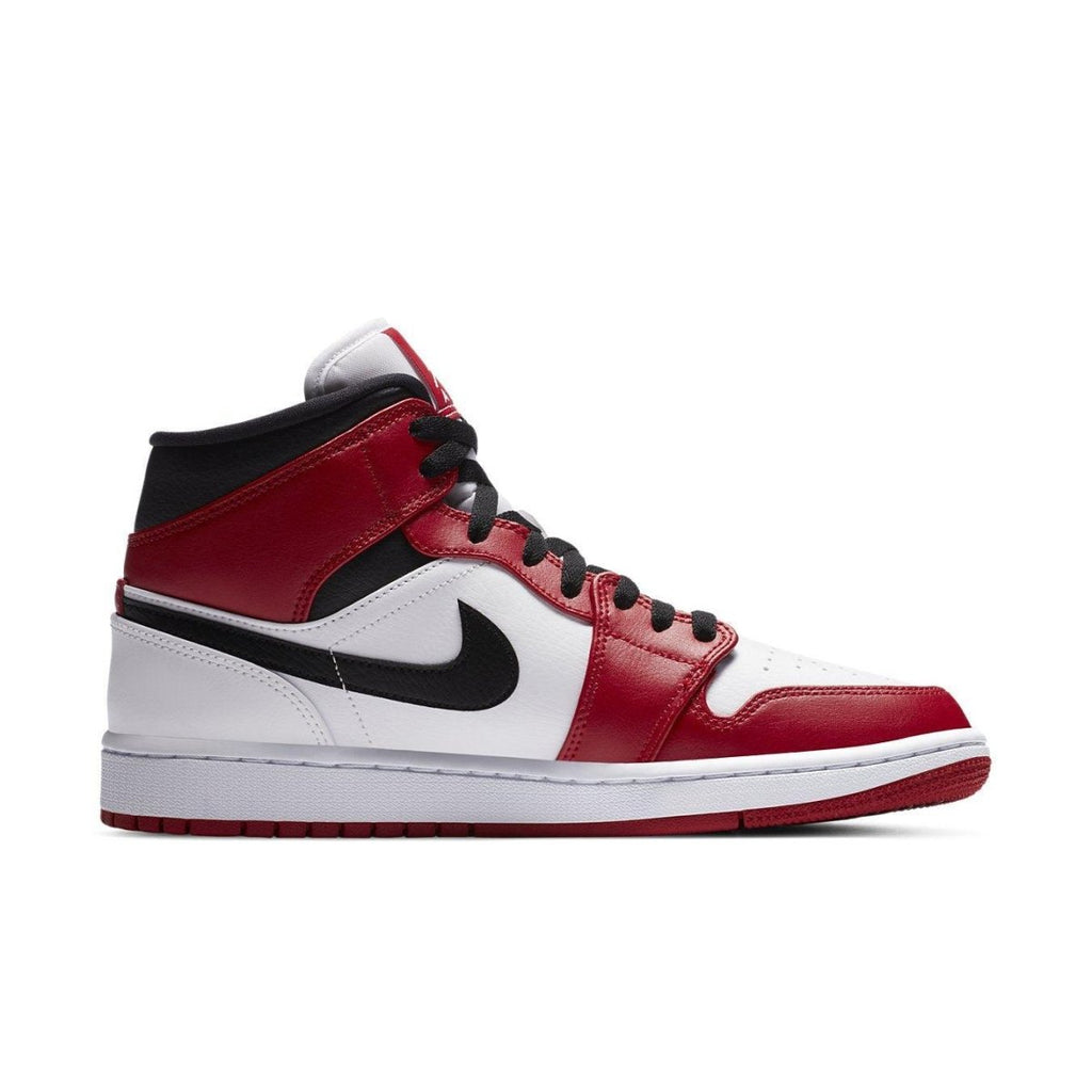 Jordan 1 Mid Chicago (2020) sneakers in red, black, and white leather with iconic Nike Swoosh and Jordan Brand logos.