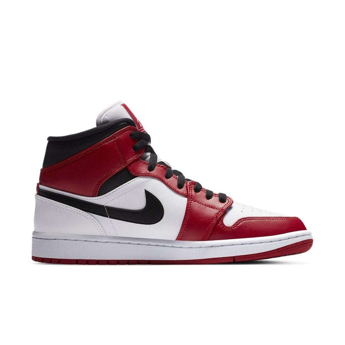 Jordan 1 Mid Chicago (2020) sneakers in red, black, and white leather with iconic Nike Swoosh and Jordan Brand logos.