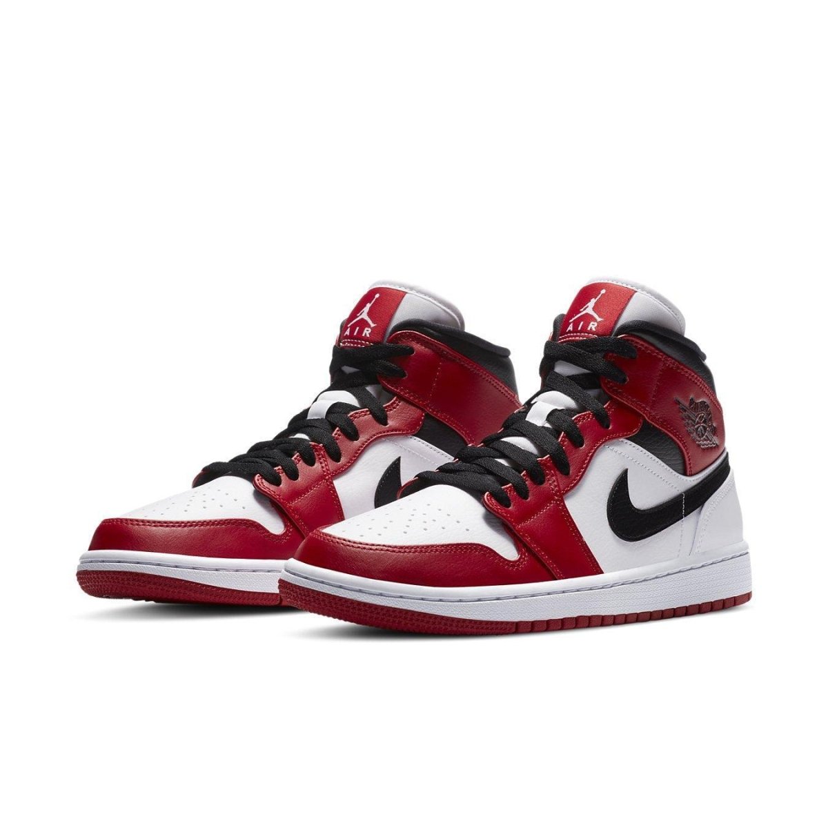 Jordan 1 Mid Chicago 2020 sneakers featuring red, black, and white leather, Nike Swoosh, and Jordan Brand logos.