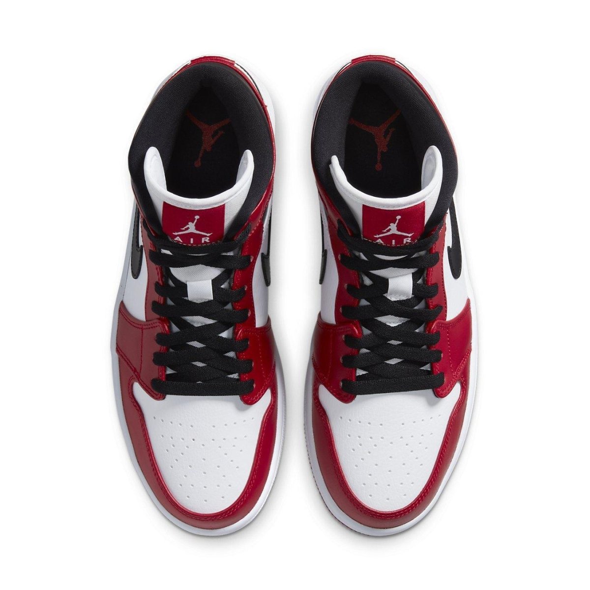 Top view of Jordan 1 Mid Chicago sneakers featuring red, black, and white smooth leather design.
