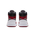 Back view of Jordan 1 Mid Chicago (2020) sneakers featuring red, black, and white leather design.