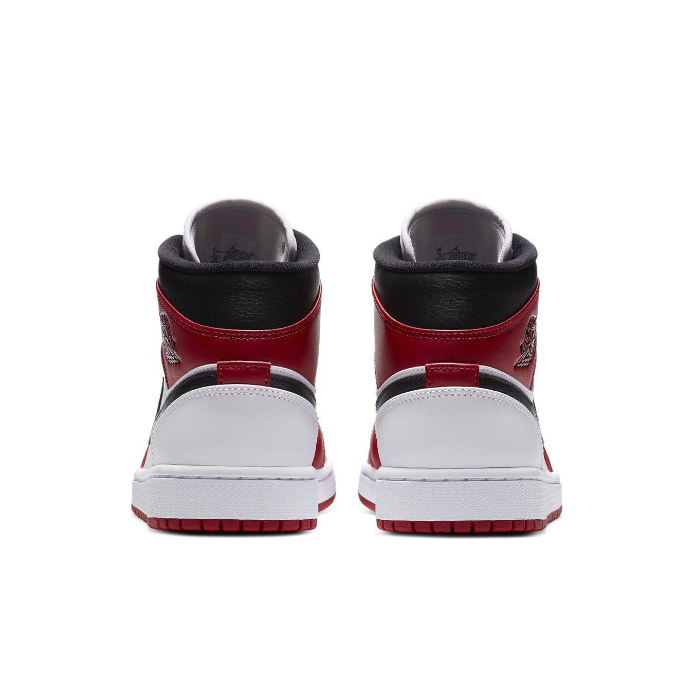 Back view of Jordan 1 Mid Chicago (2020) sneakers featuring red, black, and white leather design.