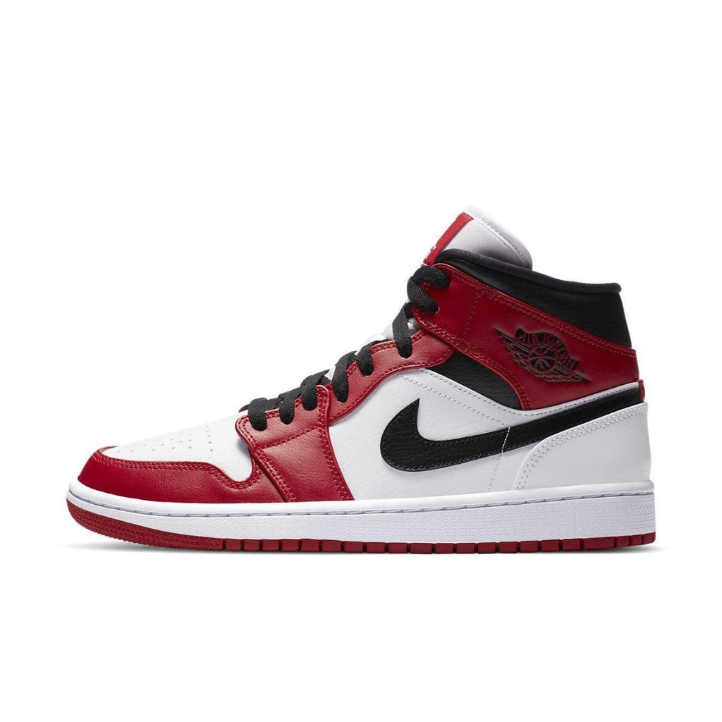 Jordan 1 Mid Chicago 2020 in red, black, and white leather with Nike Swoosh and Jordan Brand logo, side view.