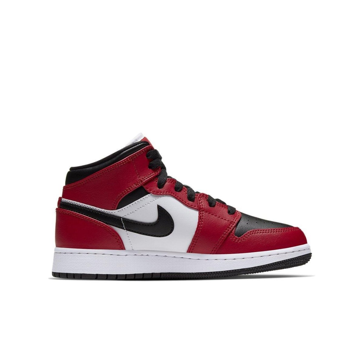 Air Jordan 1 Mid Chicago Black Toe (GS) sneakers in red, white, and black colorway, showcasing classic design.