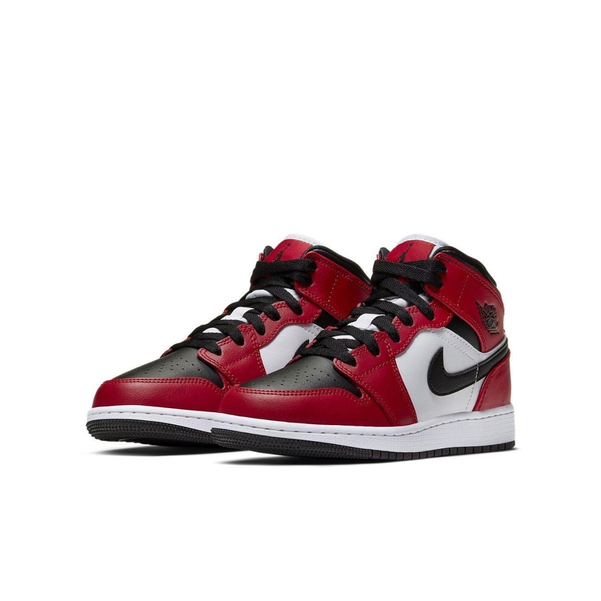 Jordan 1 Mid Chicago Black Toe (GS) sneakers in black, red, and white colorway.