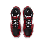 Air Jordan 1 Mid Chicago Black Toe GS sneakers with black, red, and white colorway, top view.