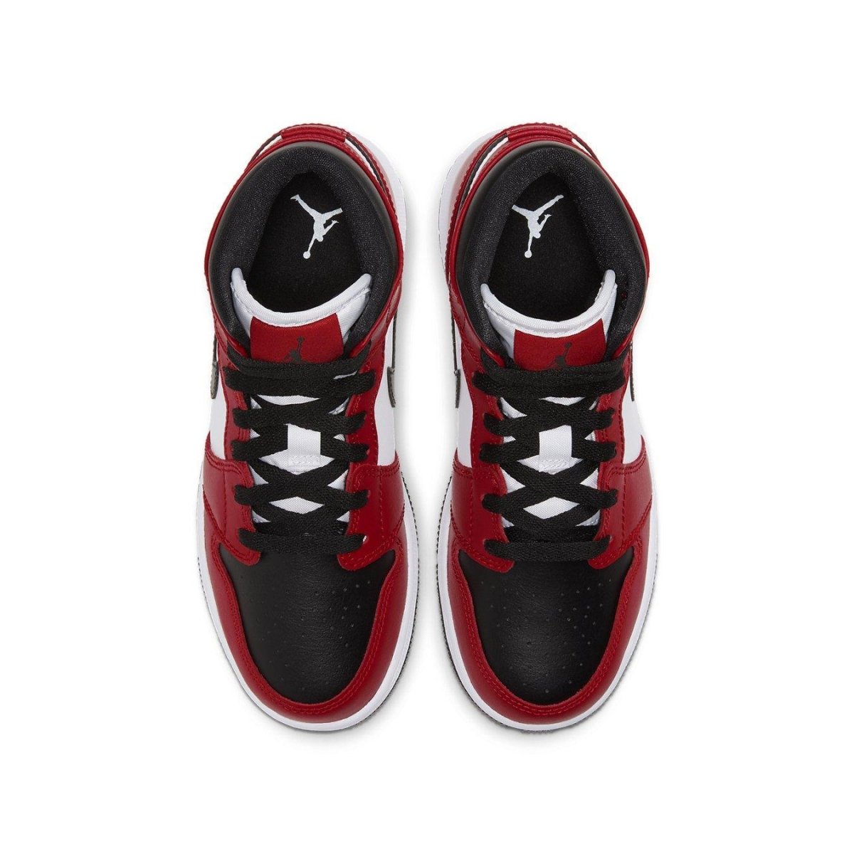 Air Jordan 1 Mid Chicago Black Toe GS sneakers with black, red, and white colorway, top view.