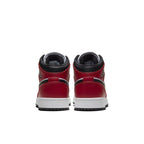 Rear view of the Jordan 1 Mid Chicago Black Toe GS sneakers showcasing the classic red and black colorway.