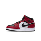Jordan 1 Mid Chicago Black Toe (GS) sneakers featuring black, white, and red colorway, iconic design.