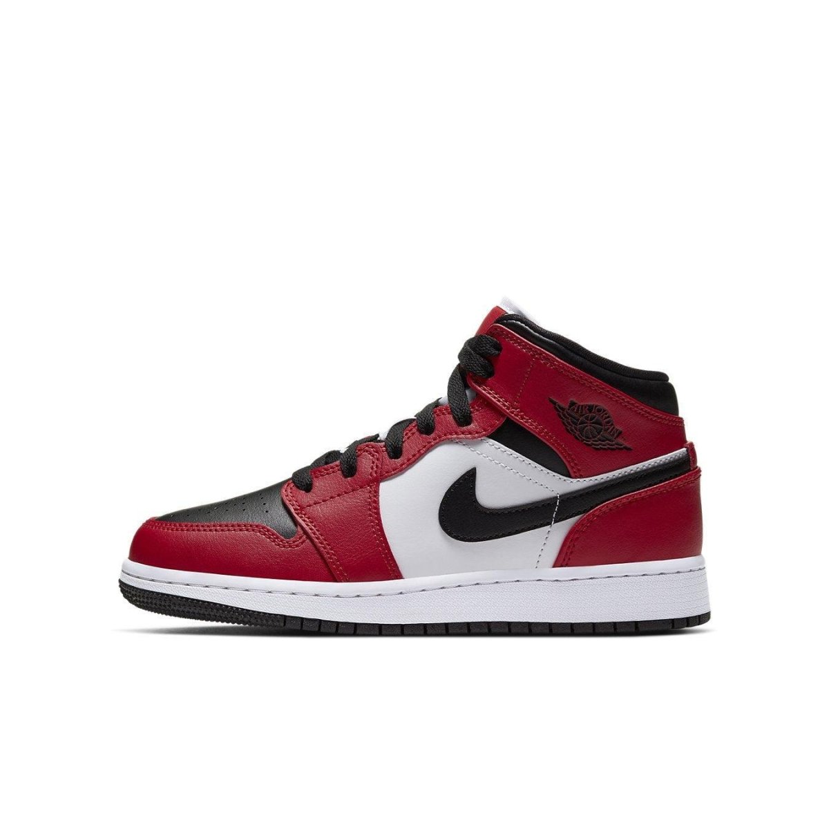 Jordan 1 Mid Chicago Black Toe (GS) sneakers featuring black, white, and red colorway, iconic design.