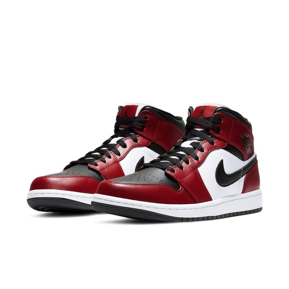 Air Jordan 1 Mid Chicago Toe sneakers in black, red, and white with iconic design and Jumpman logo.