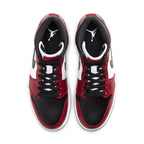 Top view of Air Jordan 1 Mid 'Chicago Toe' featuring black, red, and white colorway with Jumpman logo.