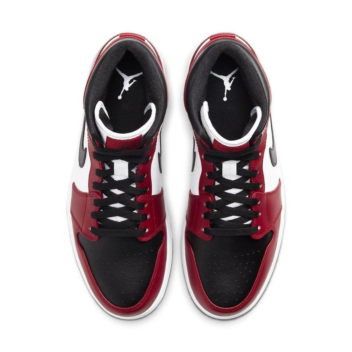 Top view of Air Jordan 1 Mid 'Chicago Toe' featuring black, red, and white colorway with Jumpman logo.