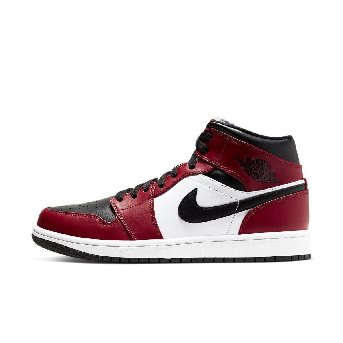 Air Jordan 1 Mid Chicago Toe sneaker in red, black, and white colorway with Jumpman logo on tongue.