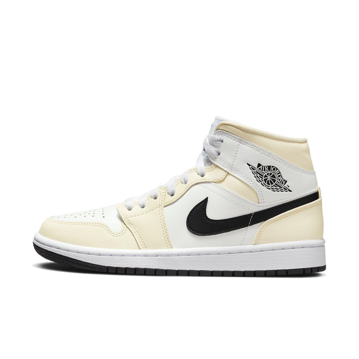 Air Jordan 1 Mid Coconut Milk women's sneaker featuring cream and white leather with black Swoosh design.