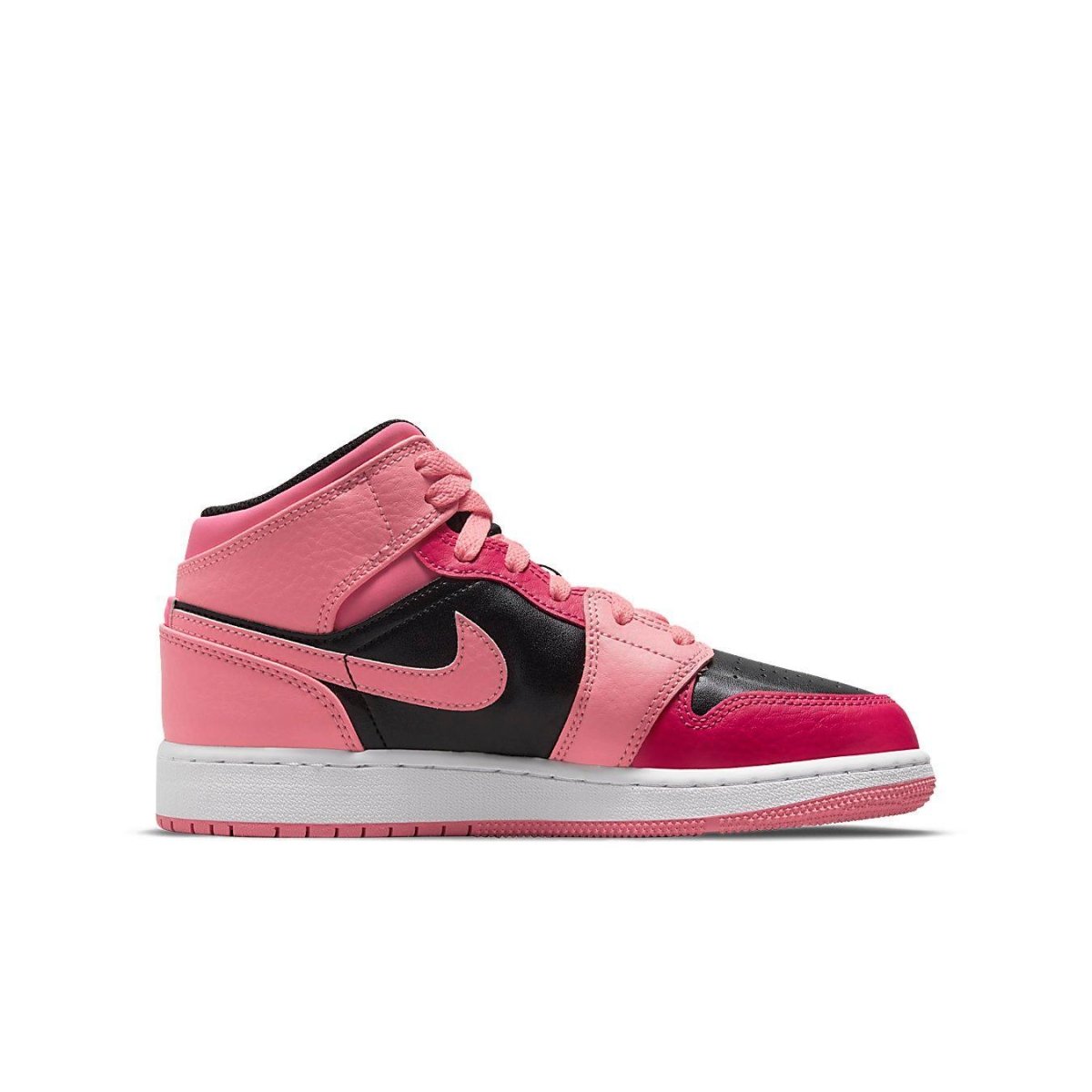 Jordan 1 Mid Coral Chalk in Coral Chalk, Rush Pink, and Black with white midsole and pink rubber sole.