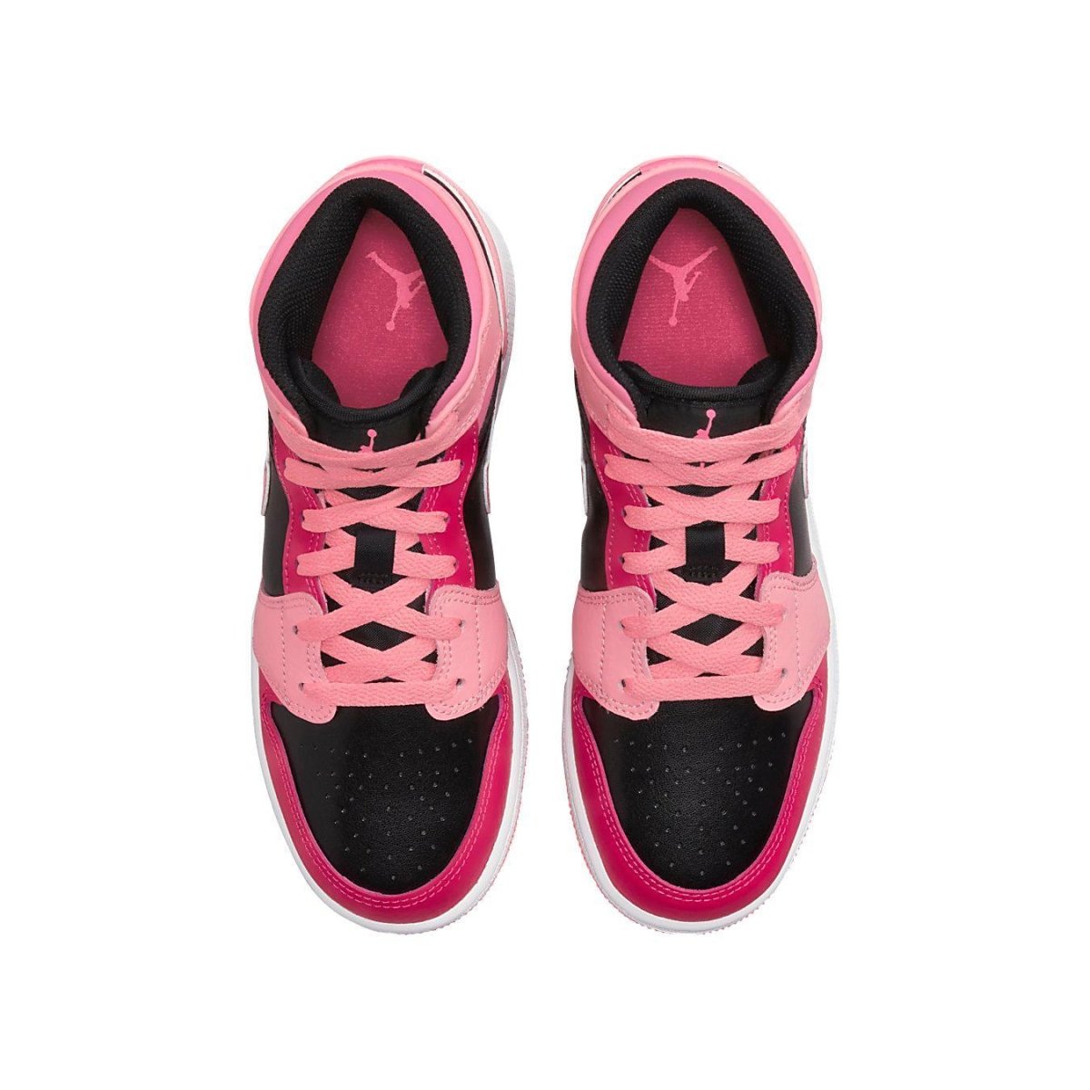 Jordan 1 Mid Coral Chalk GS in Coral Chalk, Rush Pink, and Black colorway, featuring dark and light pink overlays.