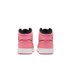 Rear view of the Air Jordan 1 Mid Coral Chalk (GS) in pink and black, featuring a white midsole.