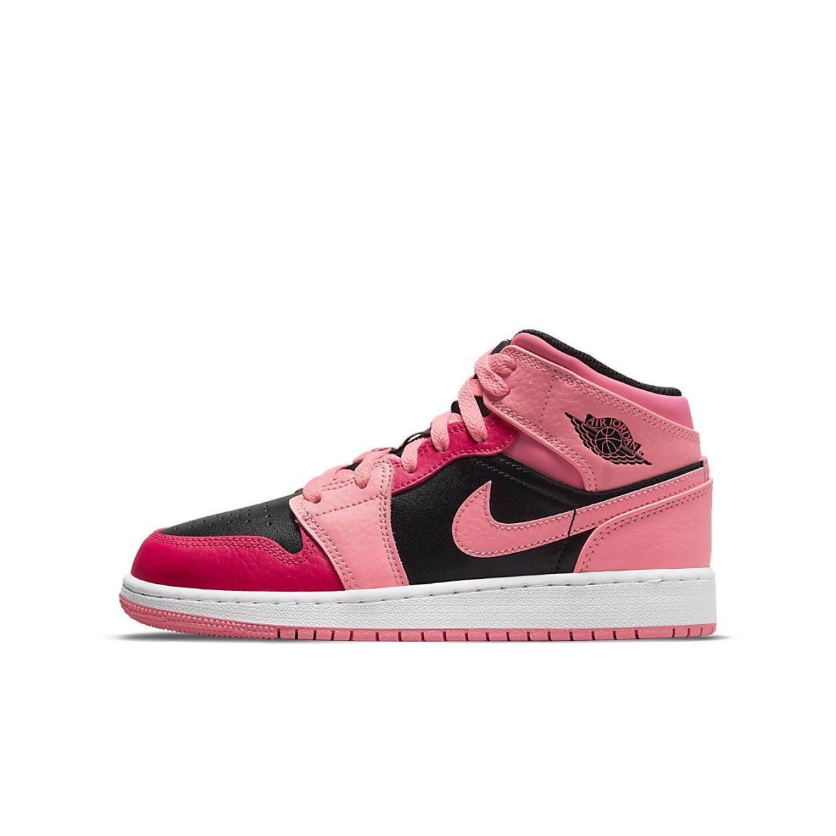 Jordan 1 Mid Coral Chalk (GS) sneakers in Coral Chalk, Rush Pink, and Black with white midsole.
