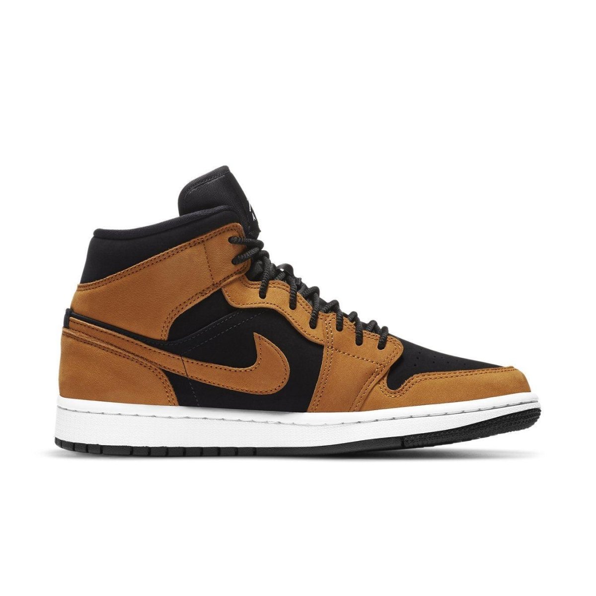 Jordan 1 Mid Desert Ochre women's sneakers featuring black and ochre leather, nylon tongue, and rubber sole.