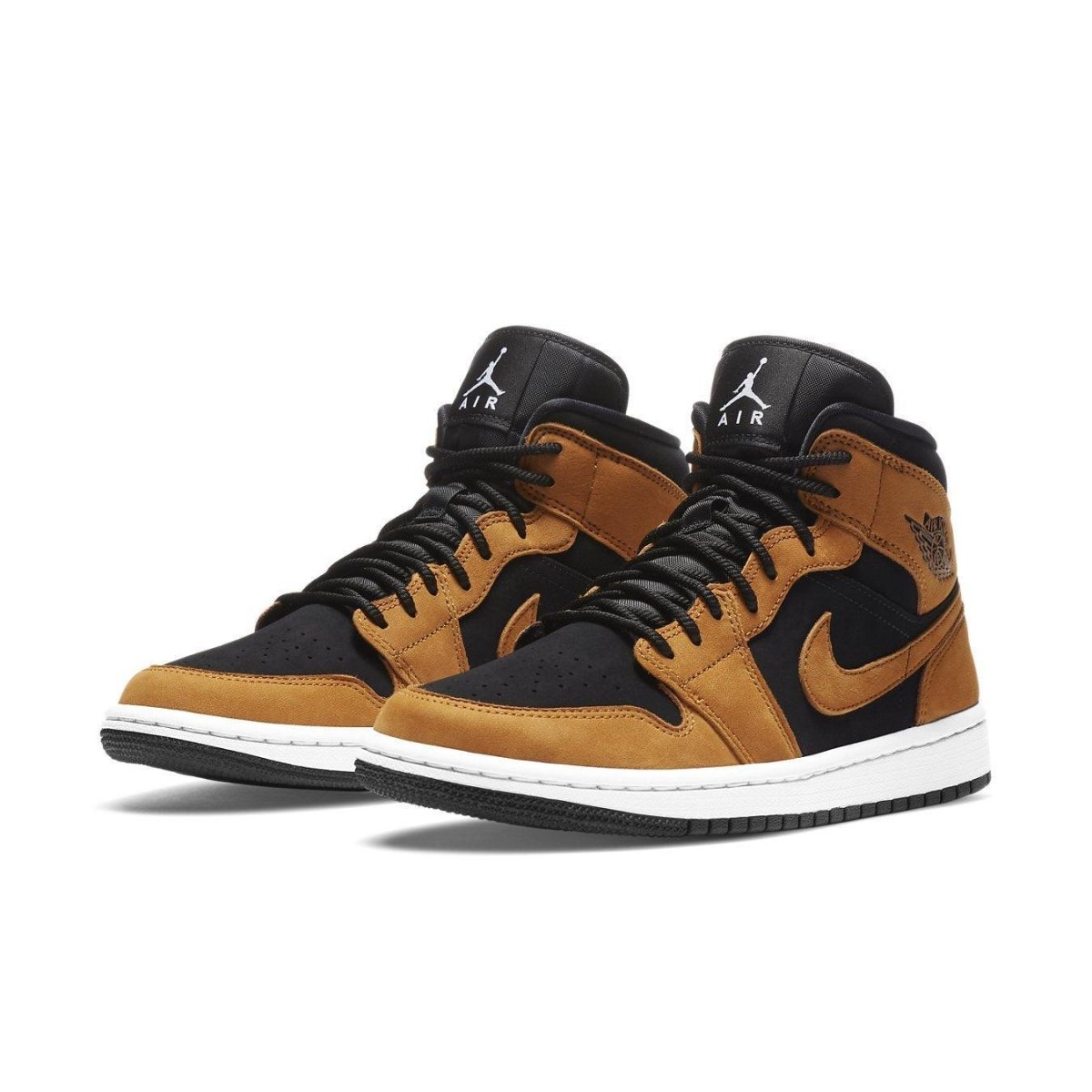 Jordan 1 Mid Desert Ochre women sneakers in black and ochre with nylon tongue and rubber sole.