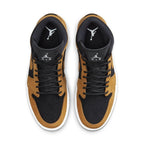 Jordan 1 Mid Desert Ochre W shoes featuring black and ochre leather with iconic logo and white midsole.