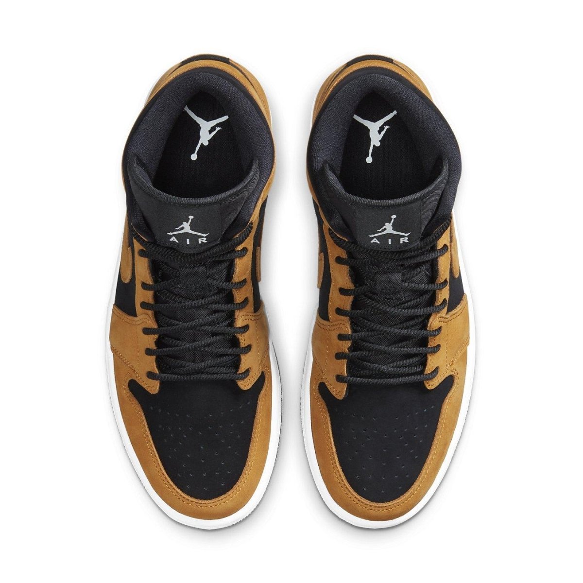 Jordan 1 Mid Desert Ochre W shoes featuring black and ochre leather with iconic logo and white midsole.