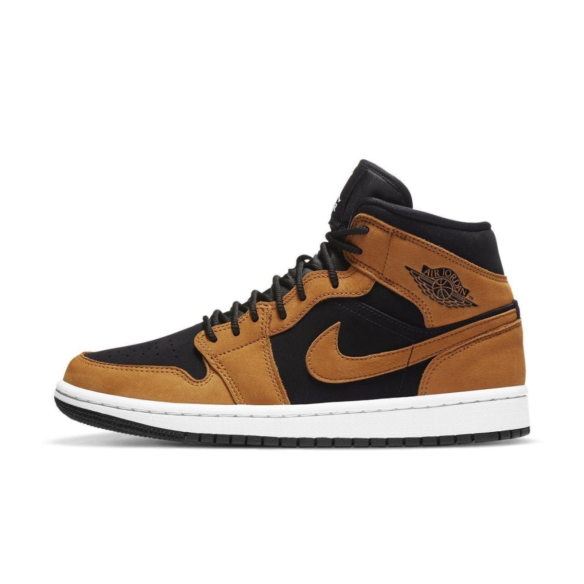 Jordan 1 Mid Desert Ochre sneakers featuring black and ochre leather and sturdy rubber sole.