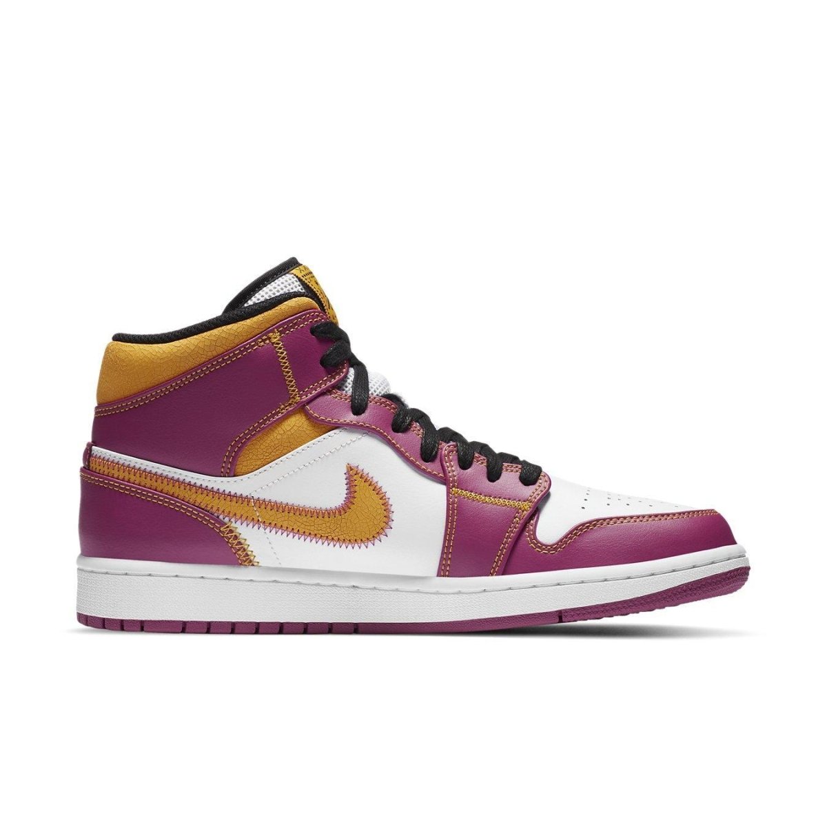 Air Jordan 1 Mid Dia de los Muertos in white, fuchsia, and yellow celebrating Mexican tradition.