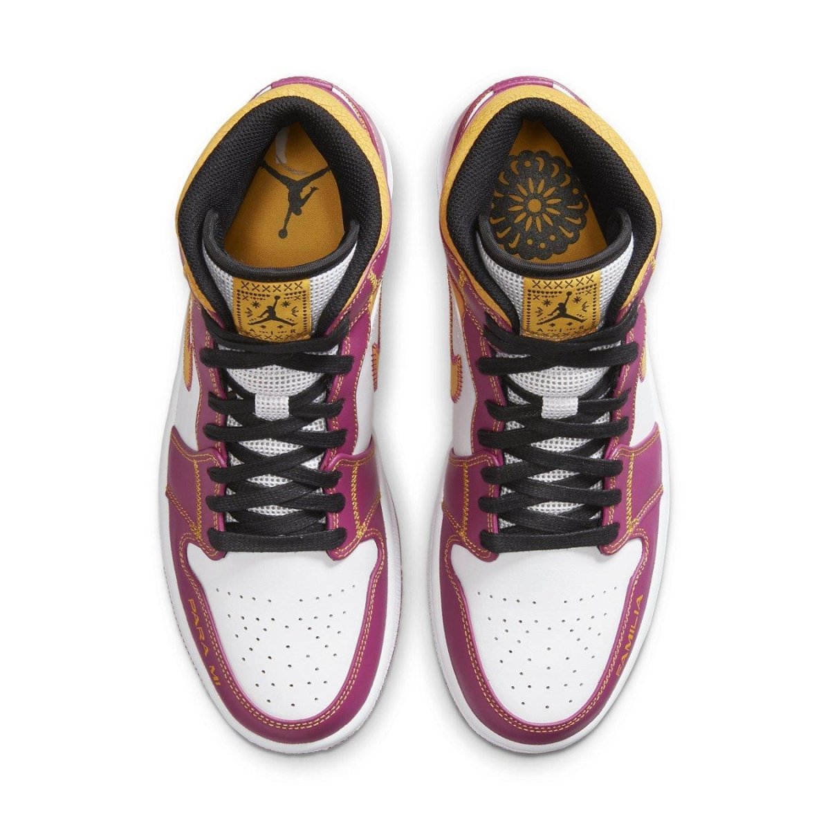 Air Jordan 1 Mid Dia de los Muertos sneakers with white leather, fuchsia accents, and gold 'Familia' label on the side.
