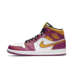 Air Jordan 1 Mid Dia de los Muertos sneaker in white, fuchsia, and gold, featuring 'Familia' tag.